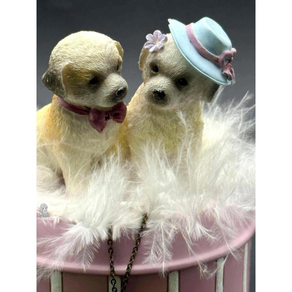 Adorable Dog Figurines Trinket Box Pink Storage W Neck Tag & Feathers - Picture 3 of 7
